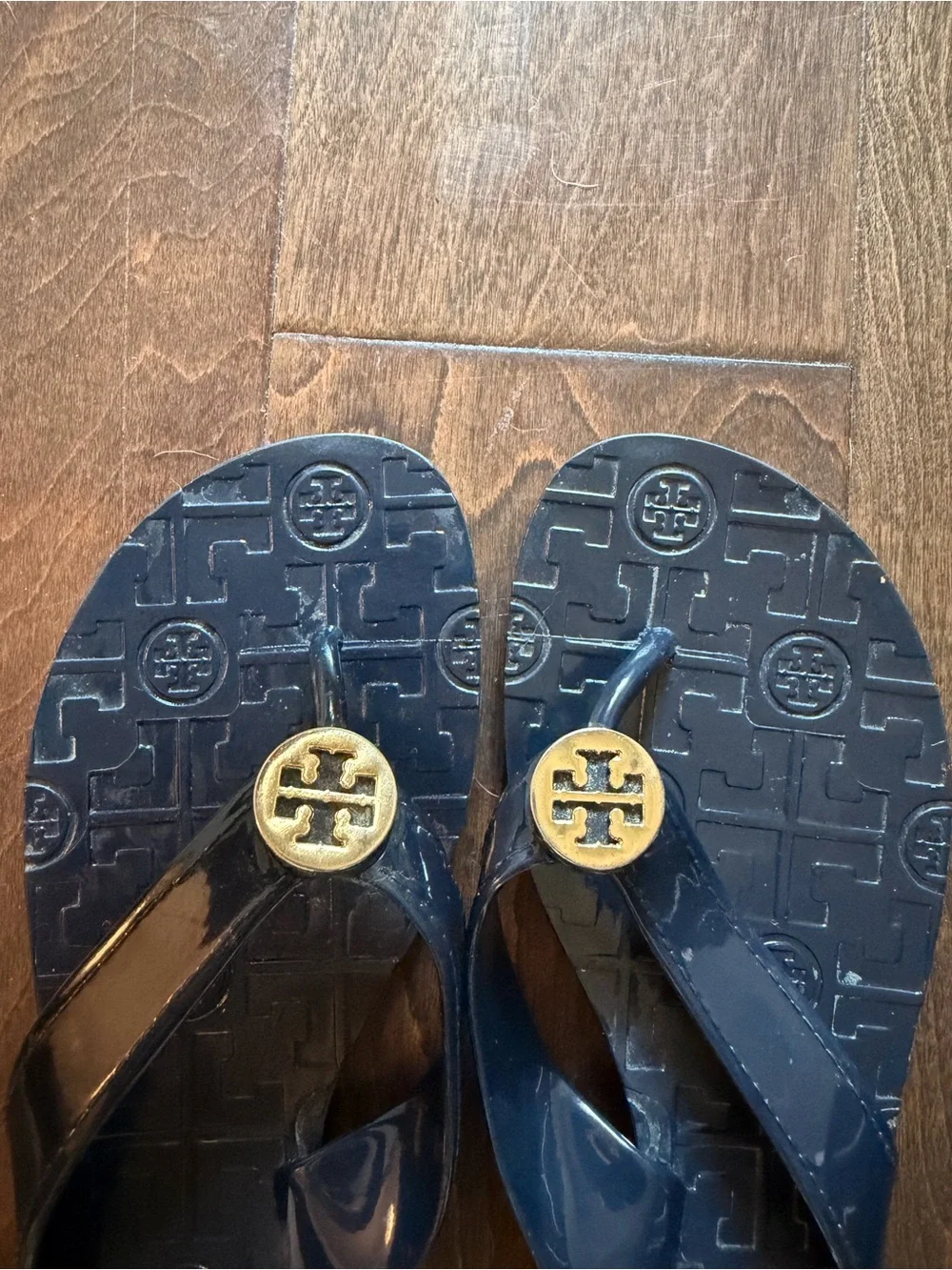Tory Burch Navy Logo Jelly Flip Sandals with Gold Emblem